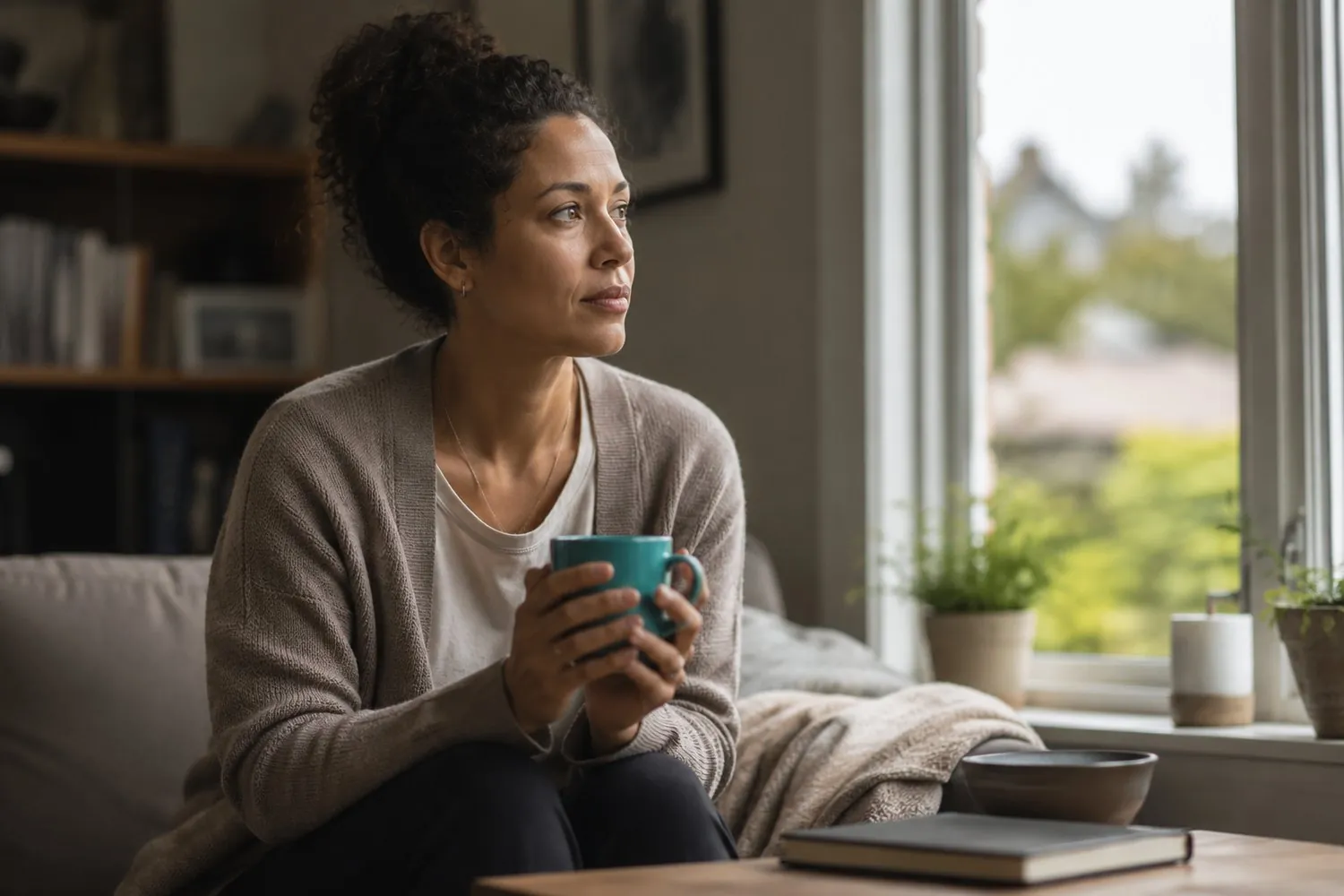 an adult sitting quietly with a cup of tea, processing a recent change