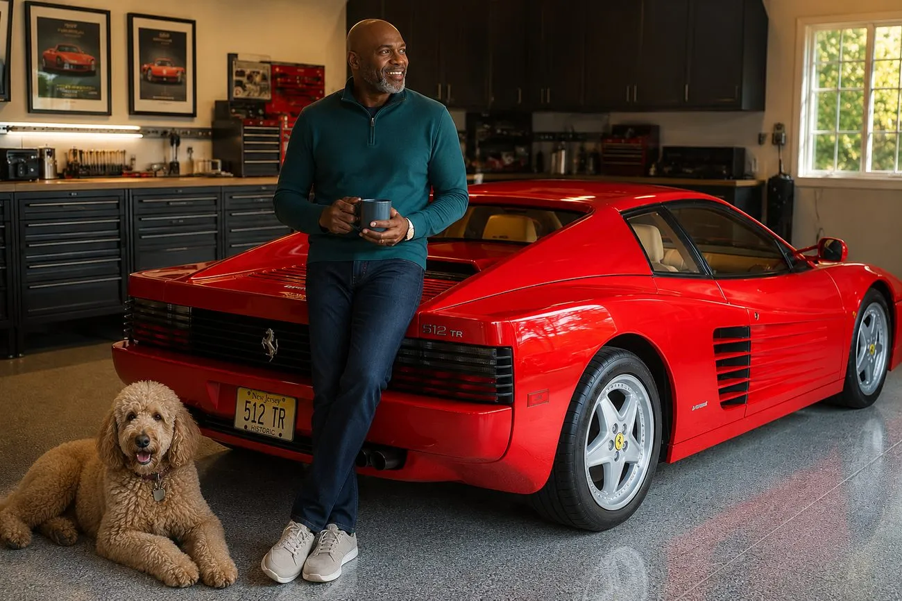 A confident, relaxed man leaning against a classic sports car, anxiety well managed
