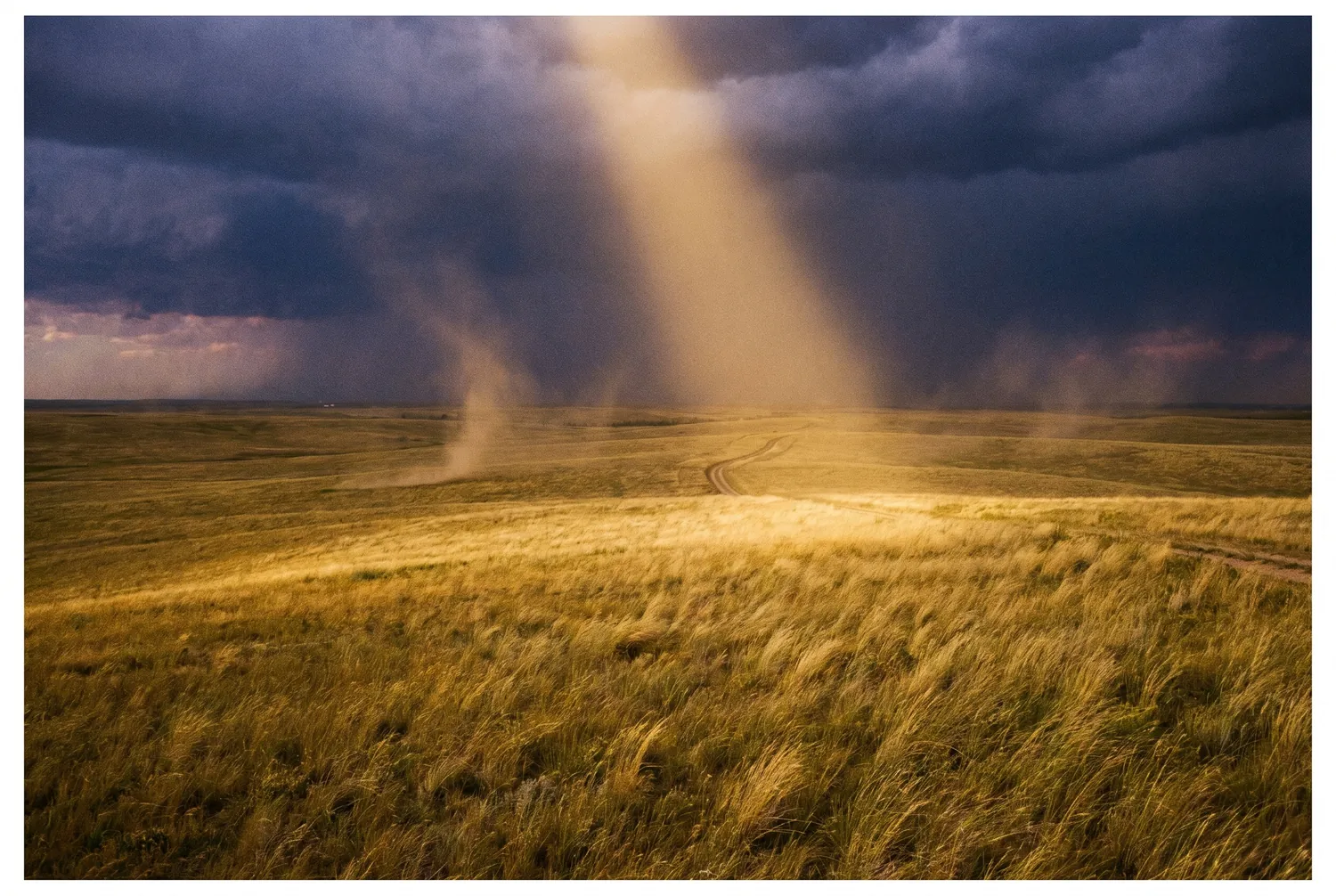 Storm front rolling over golden prairie, one shaft of sunlight breaking through Storm front rolling over golden prairie, one shaft of sunlight breaking through