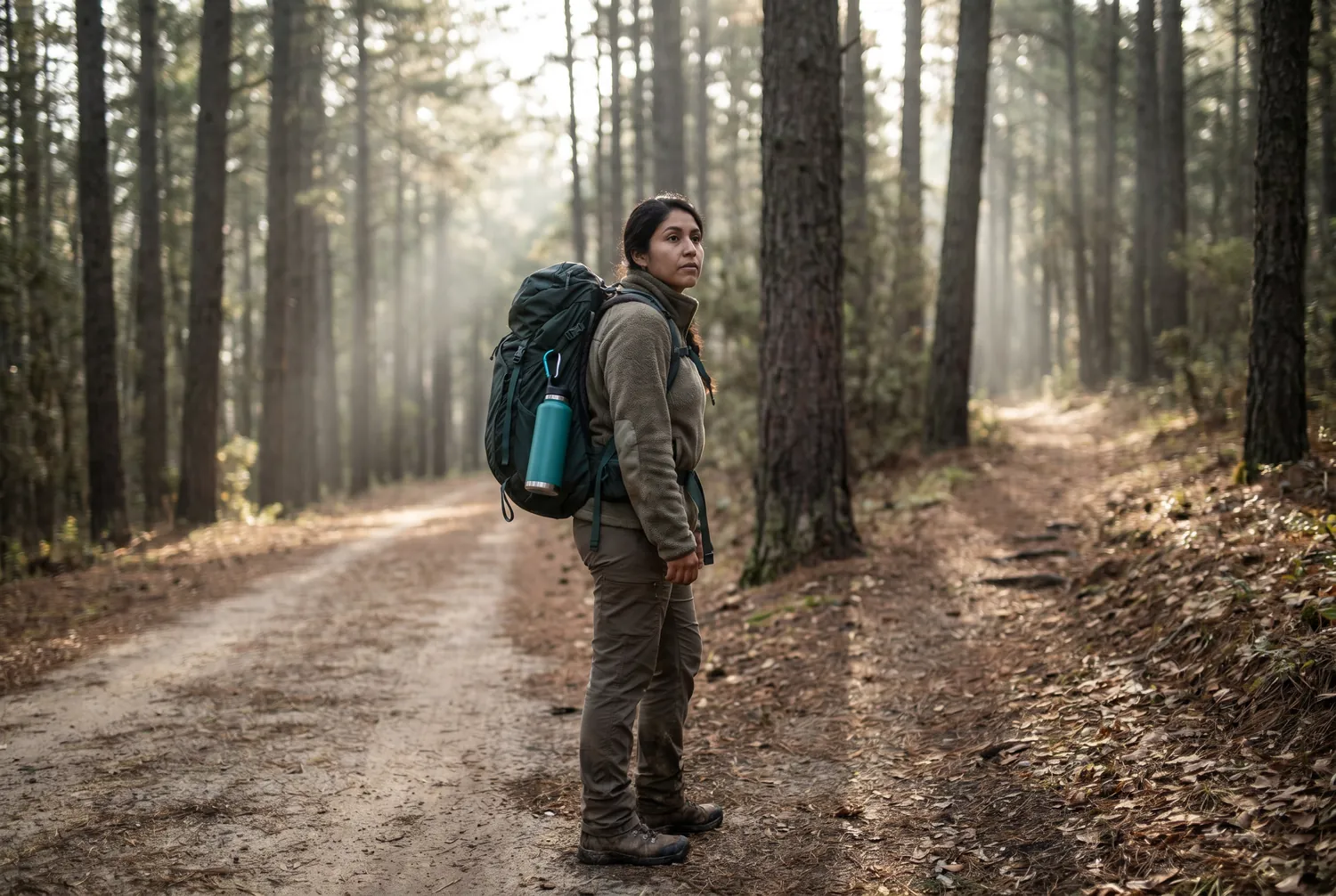 Woman pausing at a fork in a forest trail, turning toward the overgrown path, a single teal water bottle clipped to her backpack Woman pausing at a fork in a forest trail, turning toward the overgrown path, a single teal water bottle clipped to her backpack