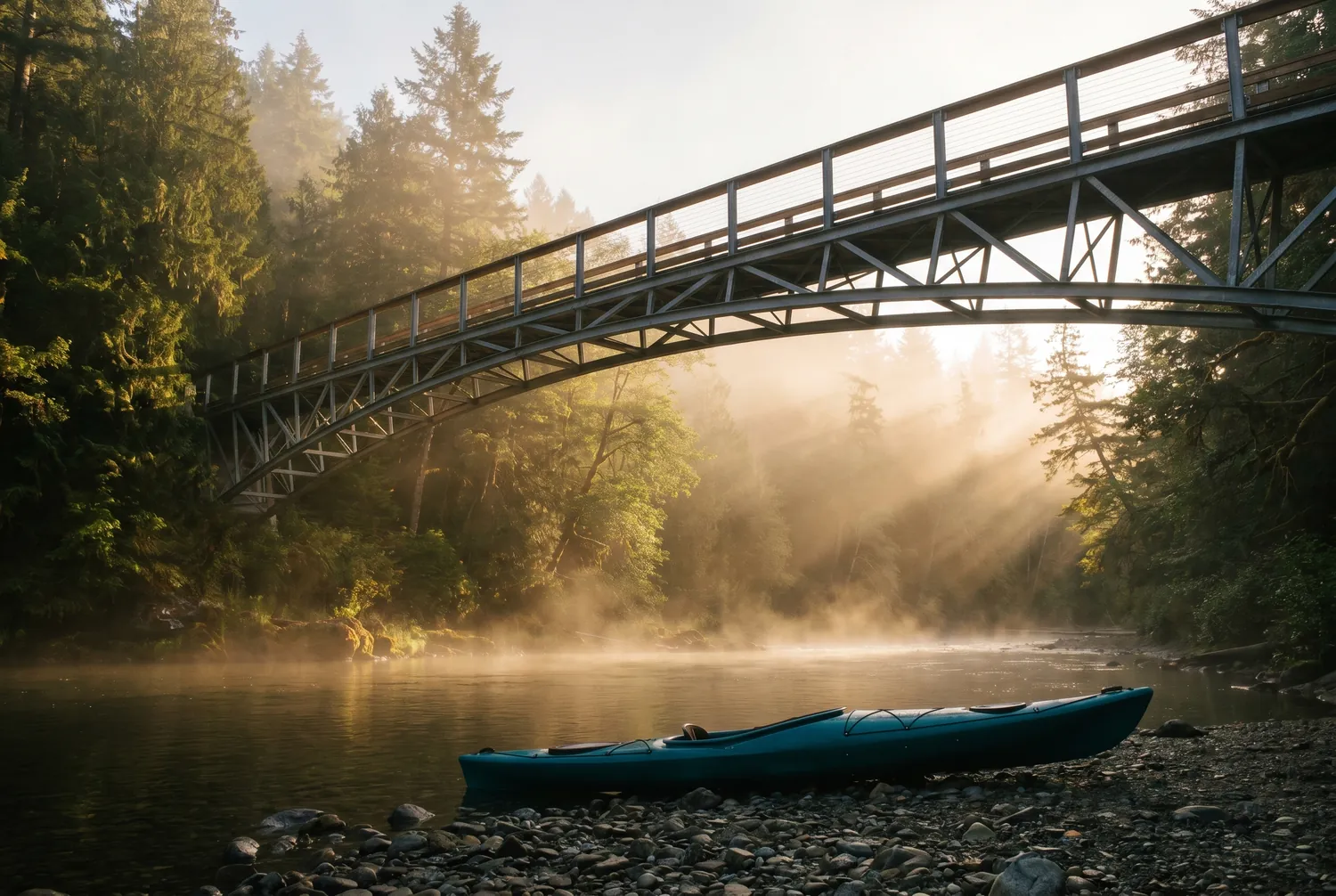 Footbridge crossing a misty forested river valley at dawn, symbolizing connection to care from anywhere Footbridge crossing a misty forested river valley at dawn, symbolizing connection to care from anywhere