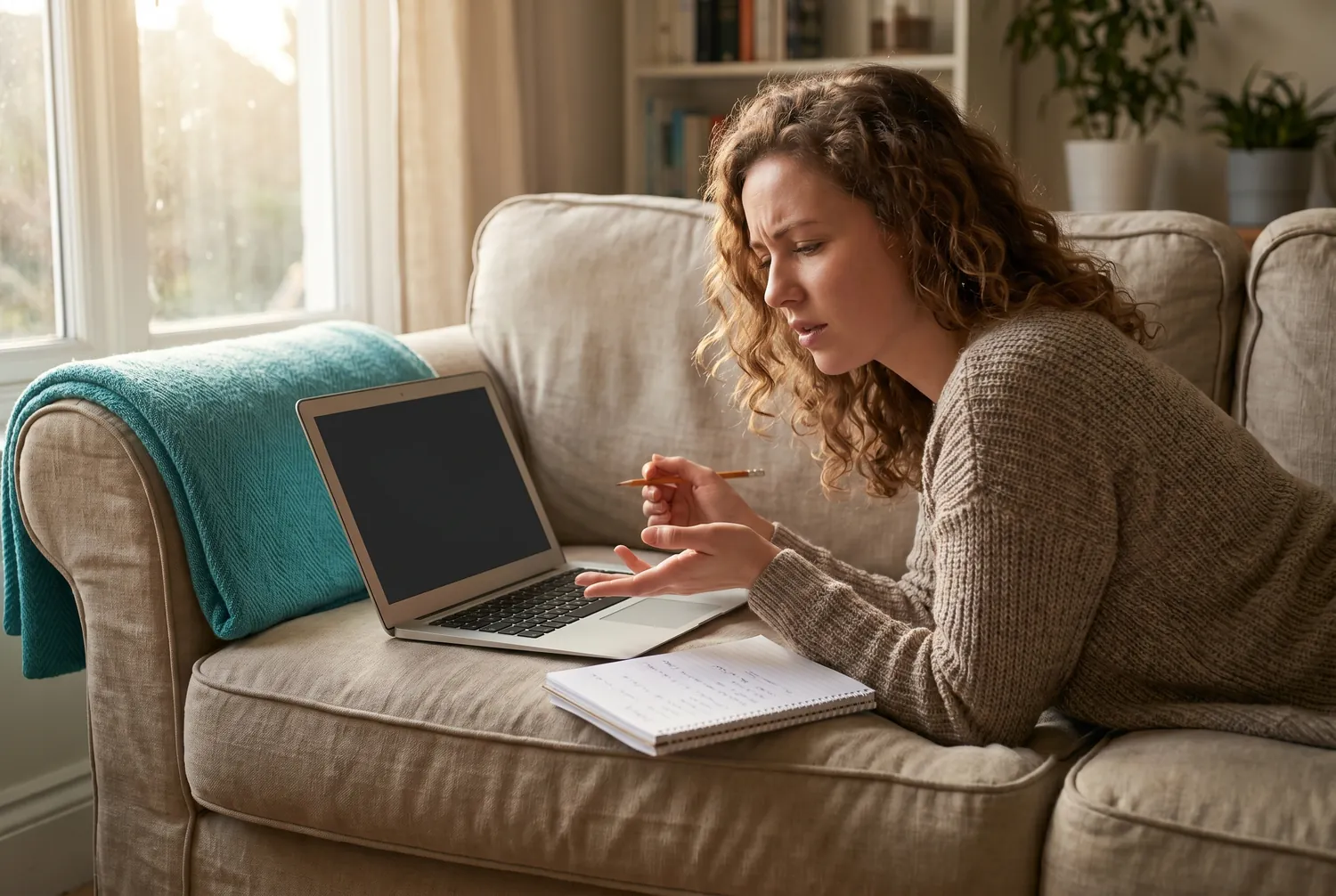 Woman on a sofa researching online psychiatry options on a laptop, a teal blanket folded beside her Woman on a sofa researching online psychiatry options on a laptop, a teal blanket folded beside her