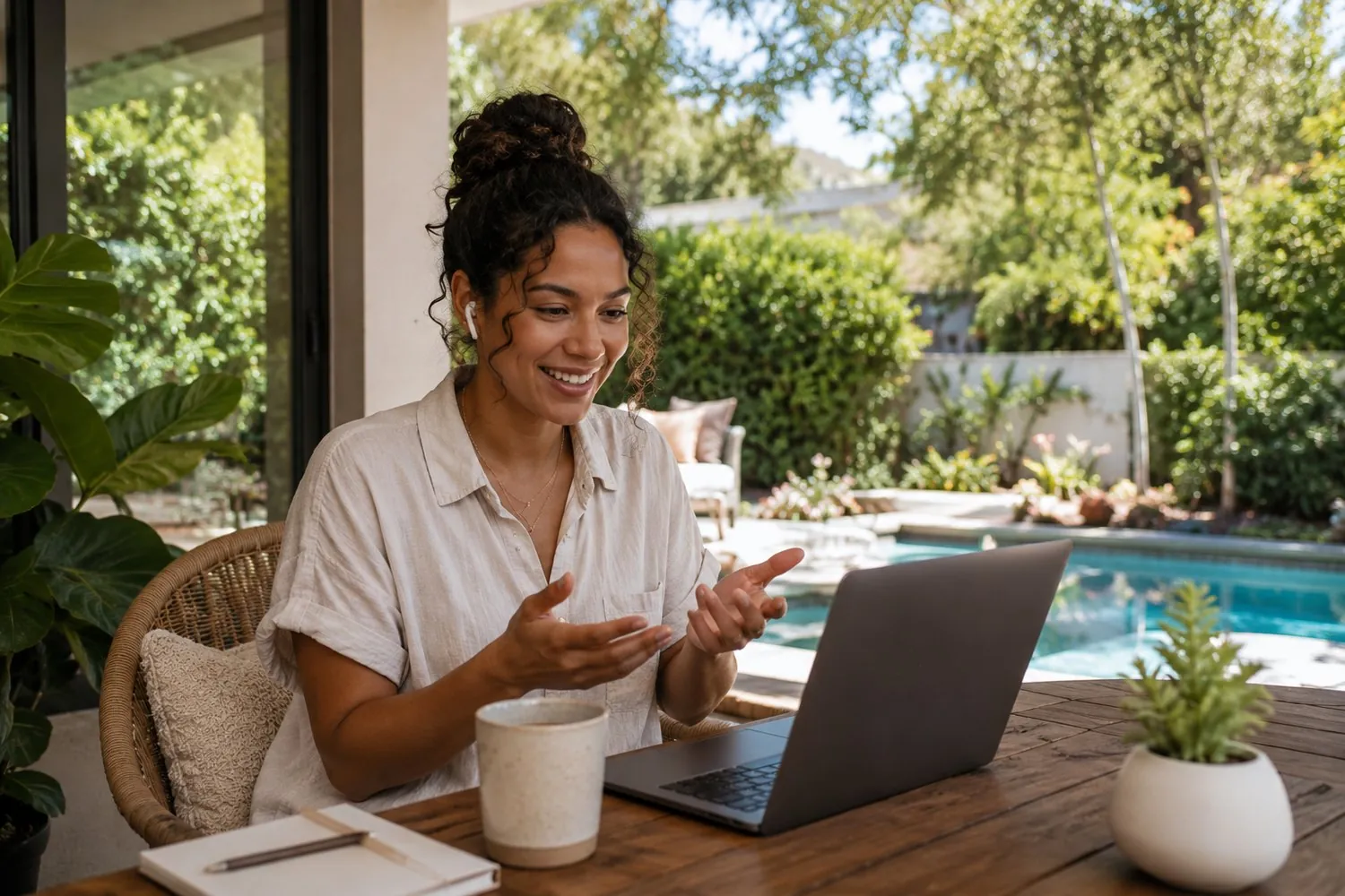 a person enjoying a calm, ordinary good day at home by a sunny window
