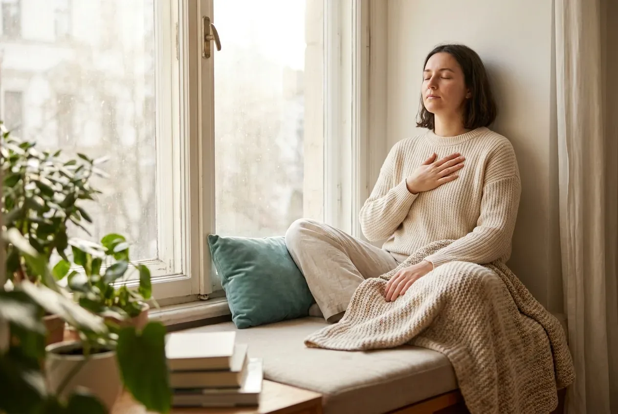 A calm person breathing slowly near a sunlit window, with a soft teal accent A calm person breathing slowly near a sunlit window, with a soft teal accent