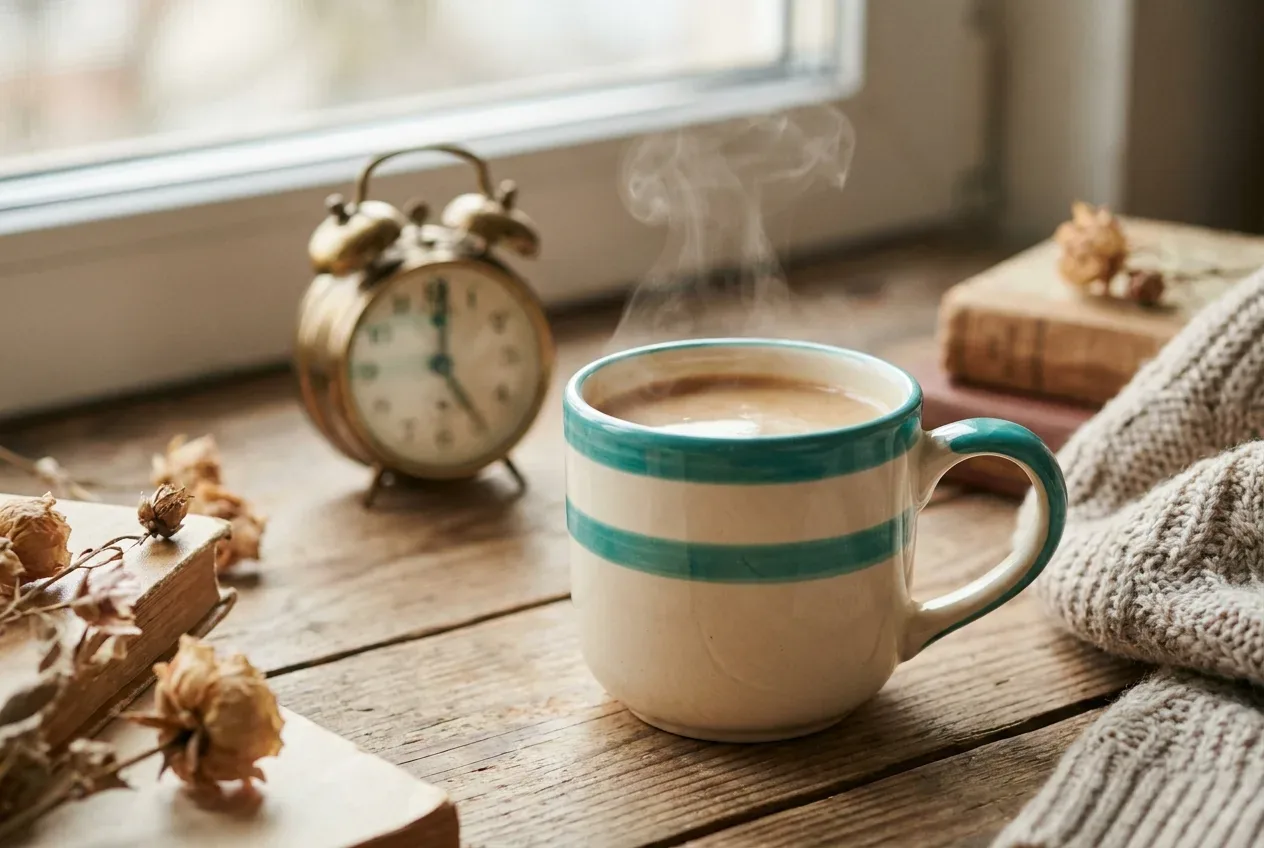 A warm cup of coffee on a table by a window in afternoon light, with a teal accent A warm cup of coffee on a table by a window in afternoon light, with a teal accent
