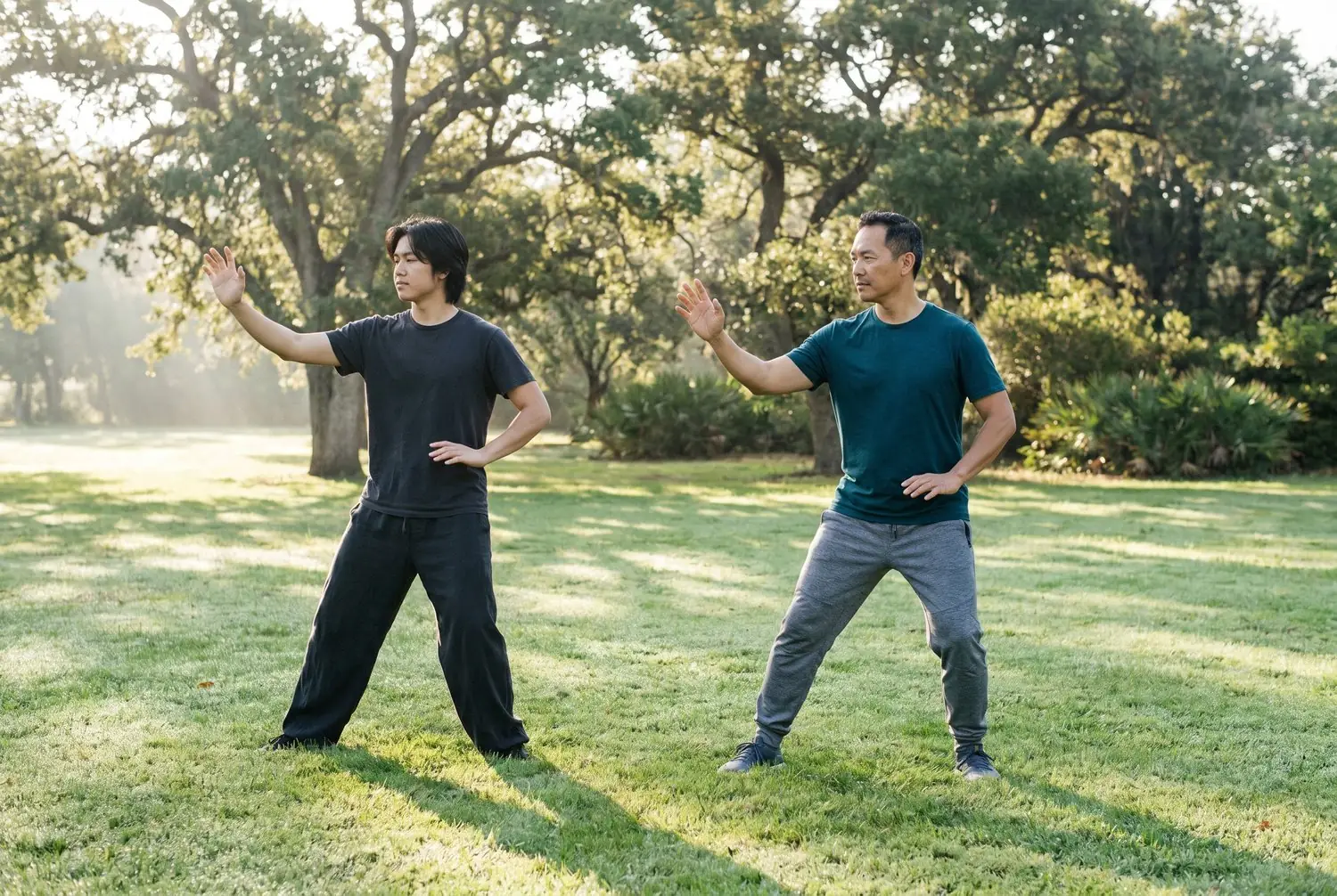 Two friends practicing tai chi on a quiet park lawn, calm and alert Two friends practicing tai chi on a quiet park lawn, calm and alert