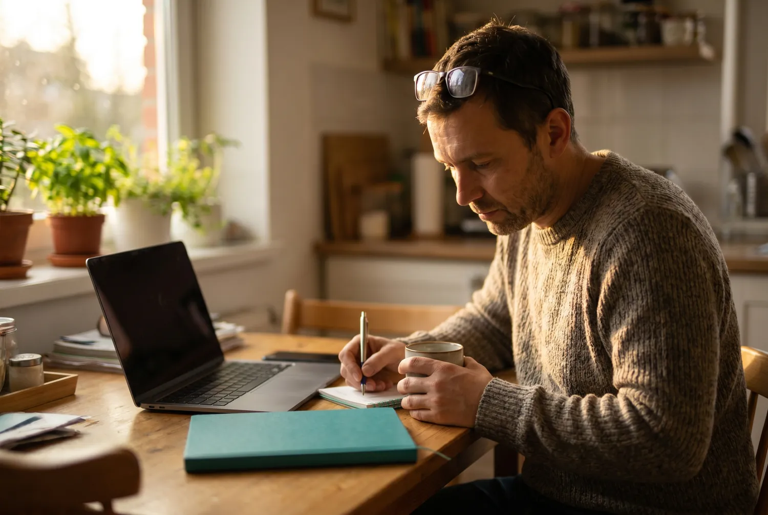 Man taking notes in a teal notebook during an online psychiatry appointment Man taking notes in a teal notebook during an online psychiatry appointment