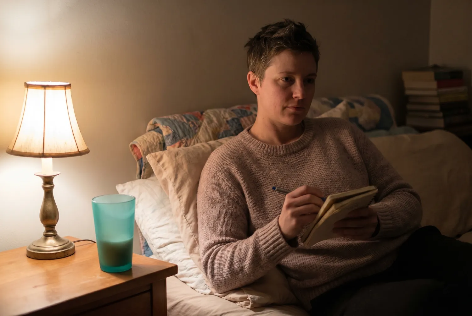 An adult awake at night writing down worries to quiet racing thoughts before sleep An adult awake at night writing down worries to quiet racing thoughts before sleep