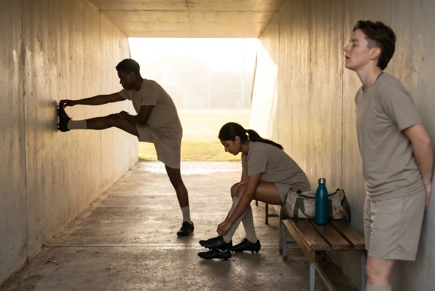 Three athletes in an empty stadium tunnel at dawn before training Three athletes in an empty stadium tunnel at dawn before training
