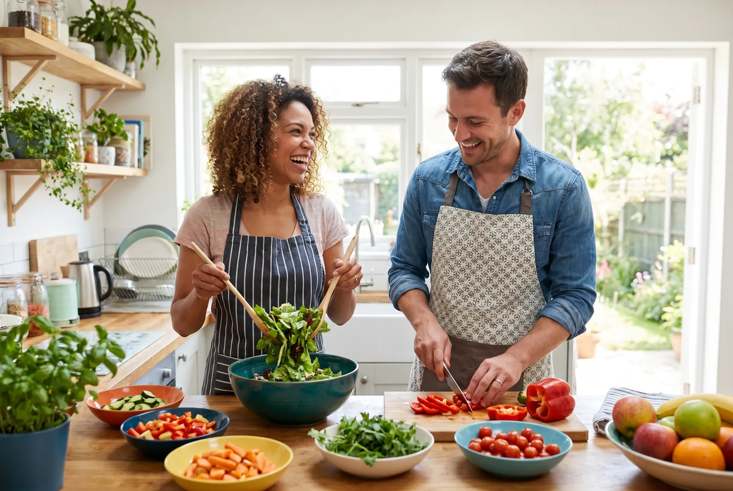 Two friends preparing a colorful healthy salad together Two friends preparing a colorful healthy salad together