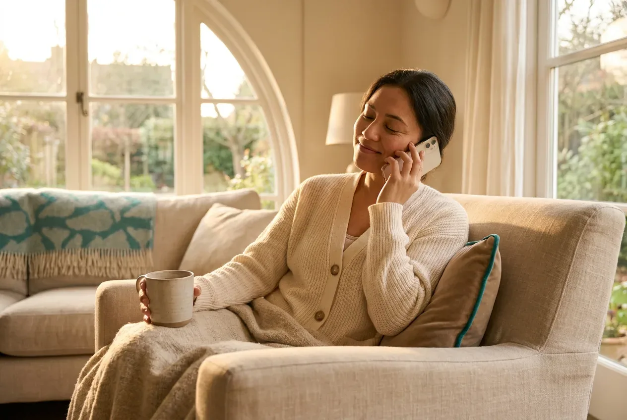 A person sitting calmly by a window reaching out for support by phone at golden hour A person sitting calmly by a window reaching out for support by phone at golden hour