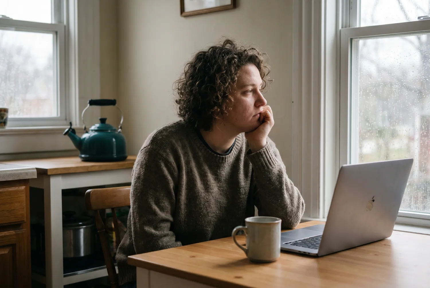 A tired adult at home on a day off, weighing whether it is burnout or depression A tired adult at home on a day off, weighing whether it is burnout or depression