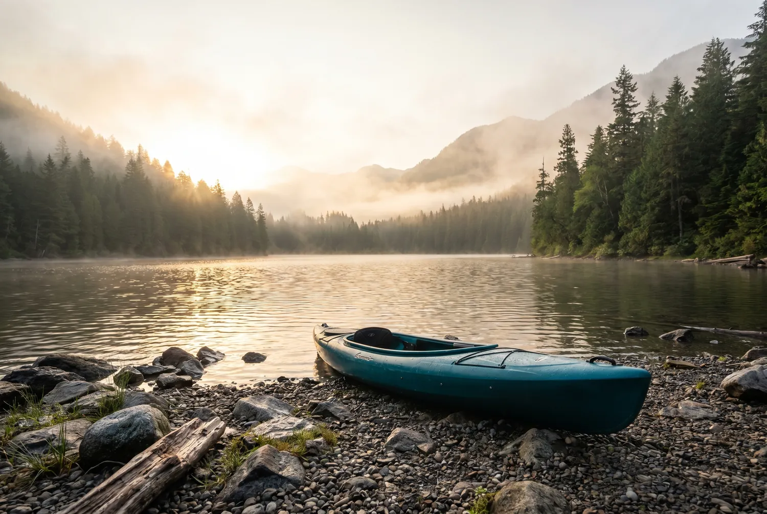 Morning fog lifting off a calm mountain lake at sunrise with a deep teal kayak resting on the shore Morning fog lifting off a calm mountain lake at sunrise with a deep teal kayak resting on the shore