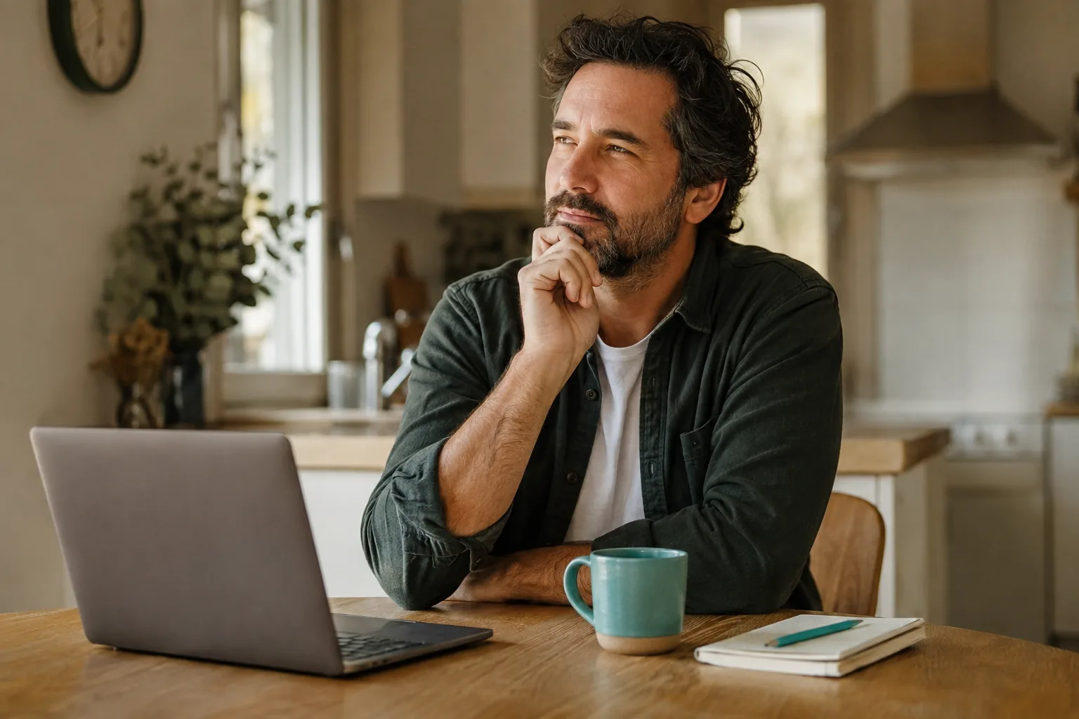 A person at their kitchen table with a laptop, thoughtfully considering their next step in mental-health care A person at their kitchen table with a laptop, thoughtfully considering their next step in mental-health care