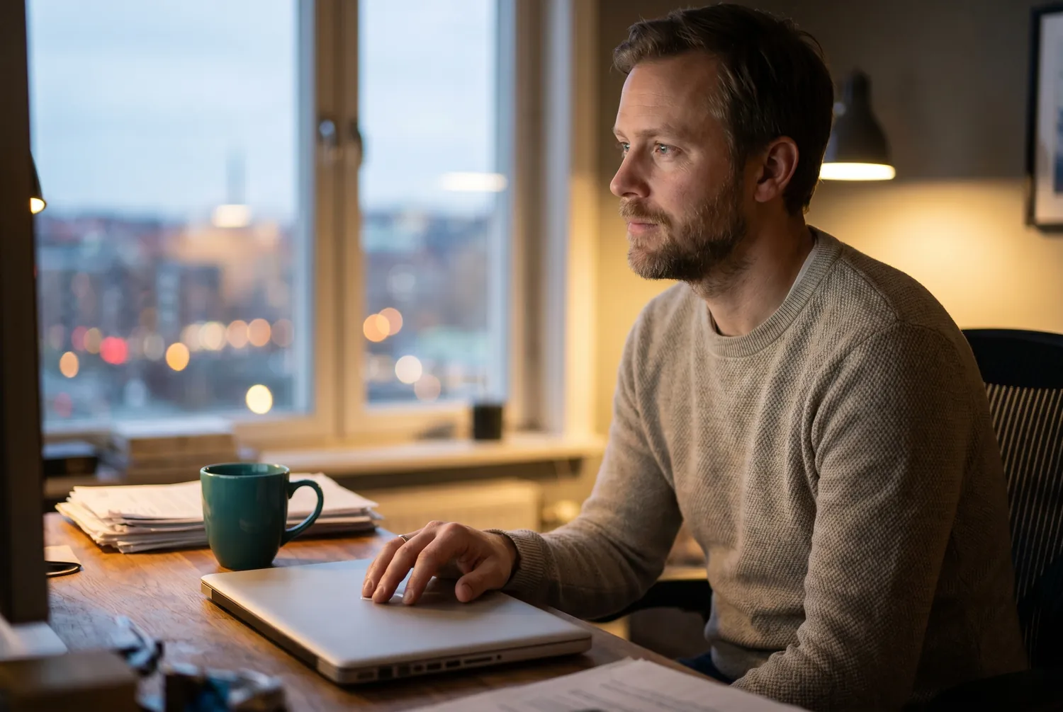 Man pausing at his desk in evening light beside a teal mug, lost in thought Man pausing at his desk in evening light beside a teal mug, lost in thought