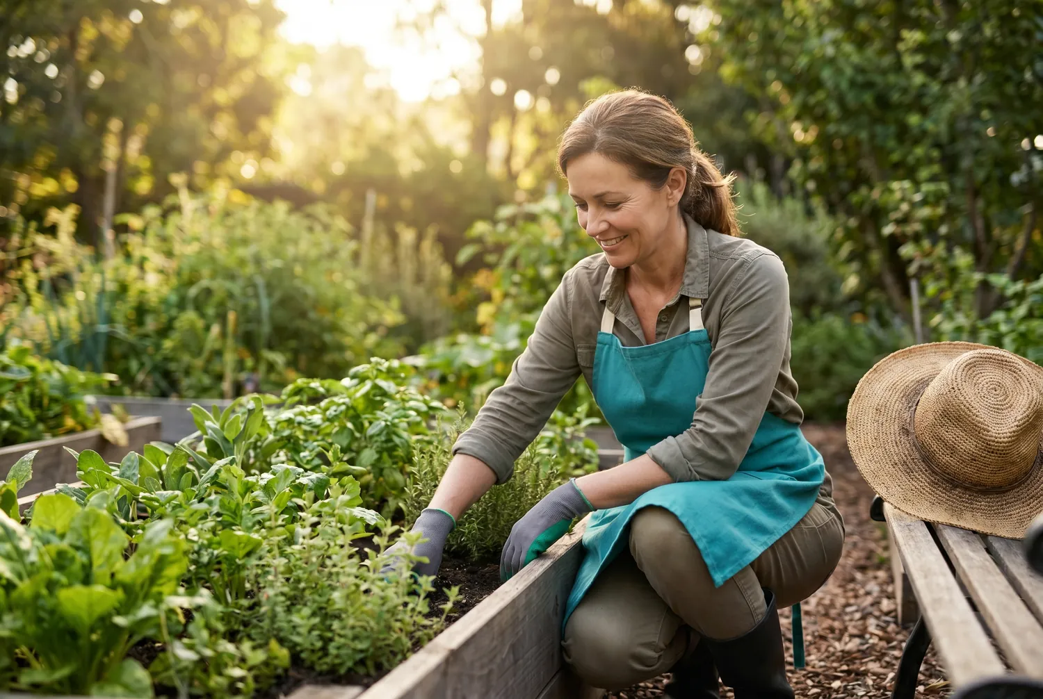 An adult tending herbs at a sunlit kitchen window in a warm tidy space An adult tending herbs at a sunlit kitchen window in a warm tidy space