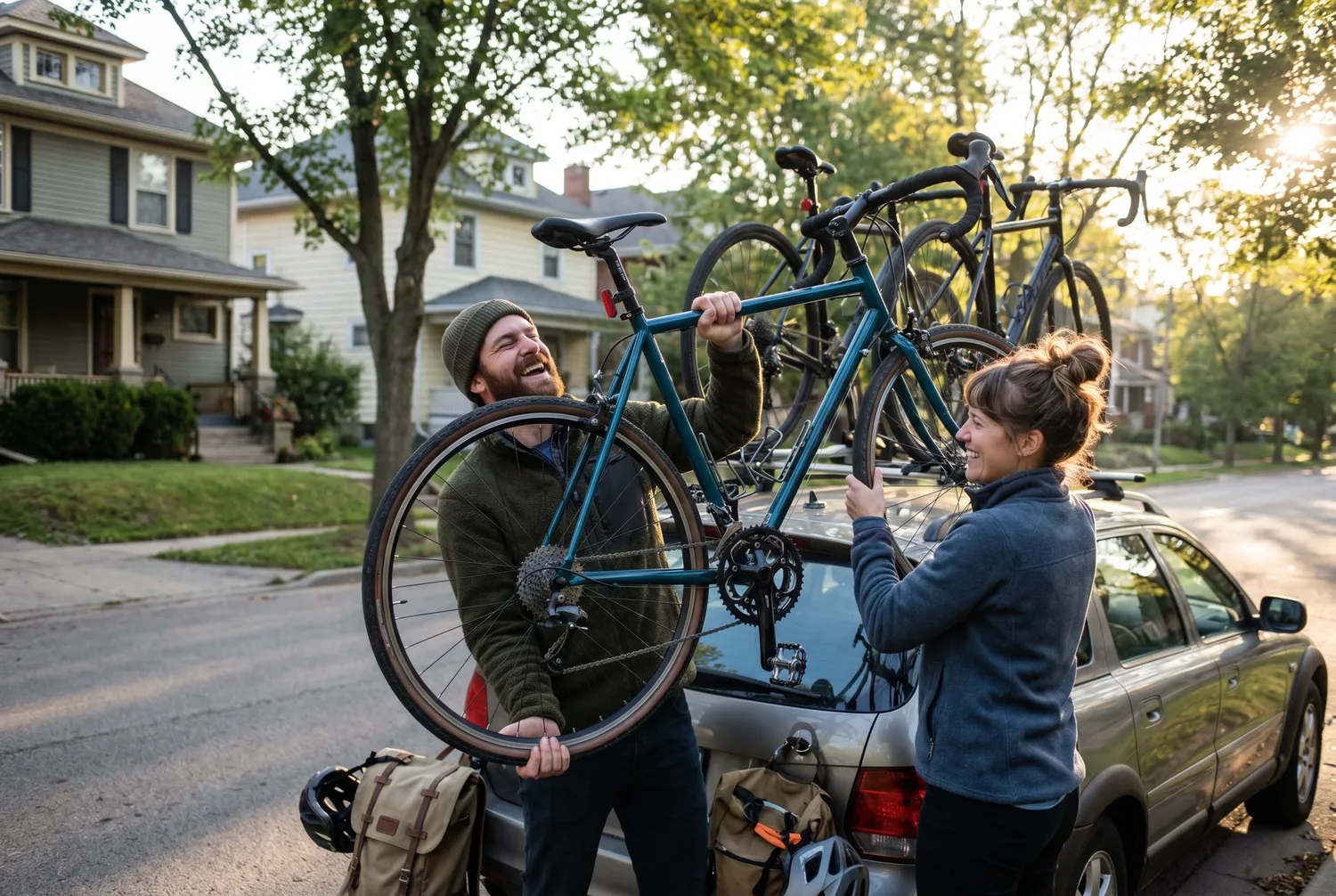 Two friends loading bikes for an early ride, laughing mid-effort Two friends loading bikes for an early ride, laughing mid-effort