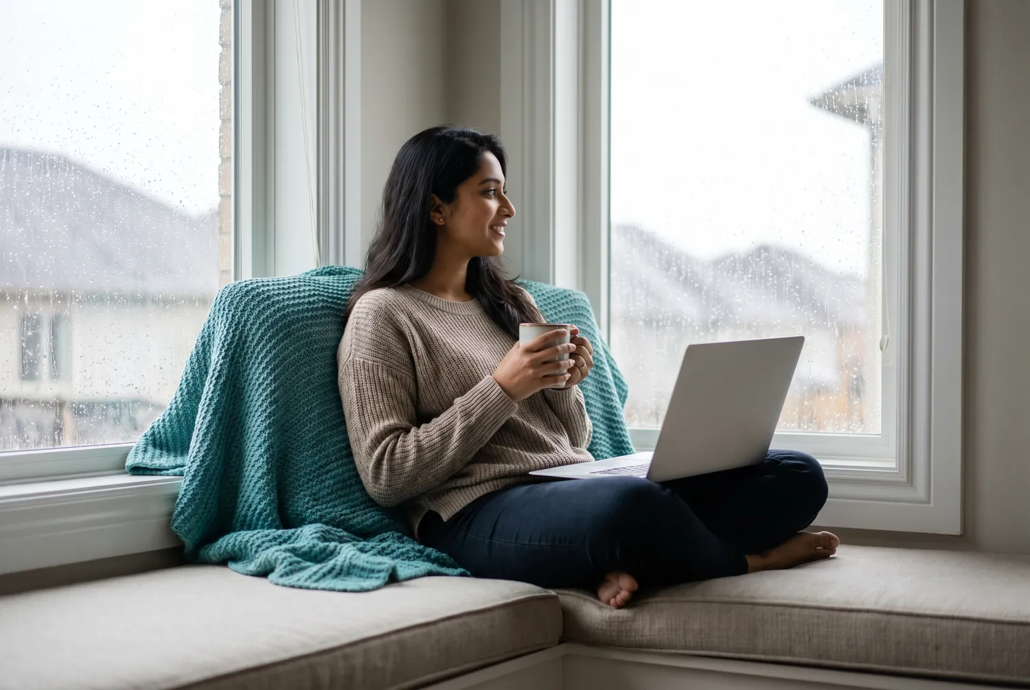 Woman settling into a window seat with her laptop before a first telepsychiatry appointment Woman settling into a window seat with her laptop before a first telepsychiatry appointment