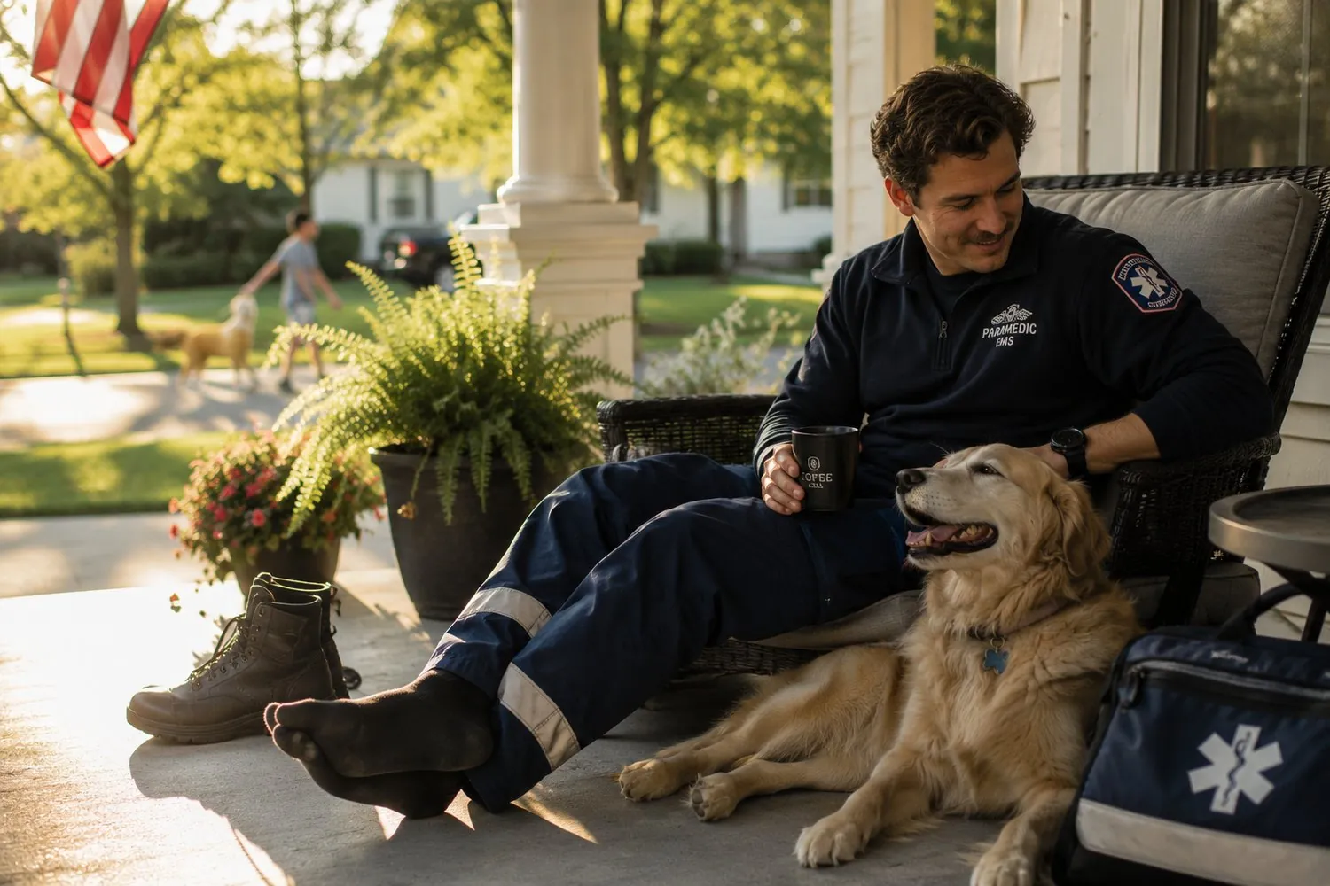 a first responder resting off duty, a grounded human moment