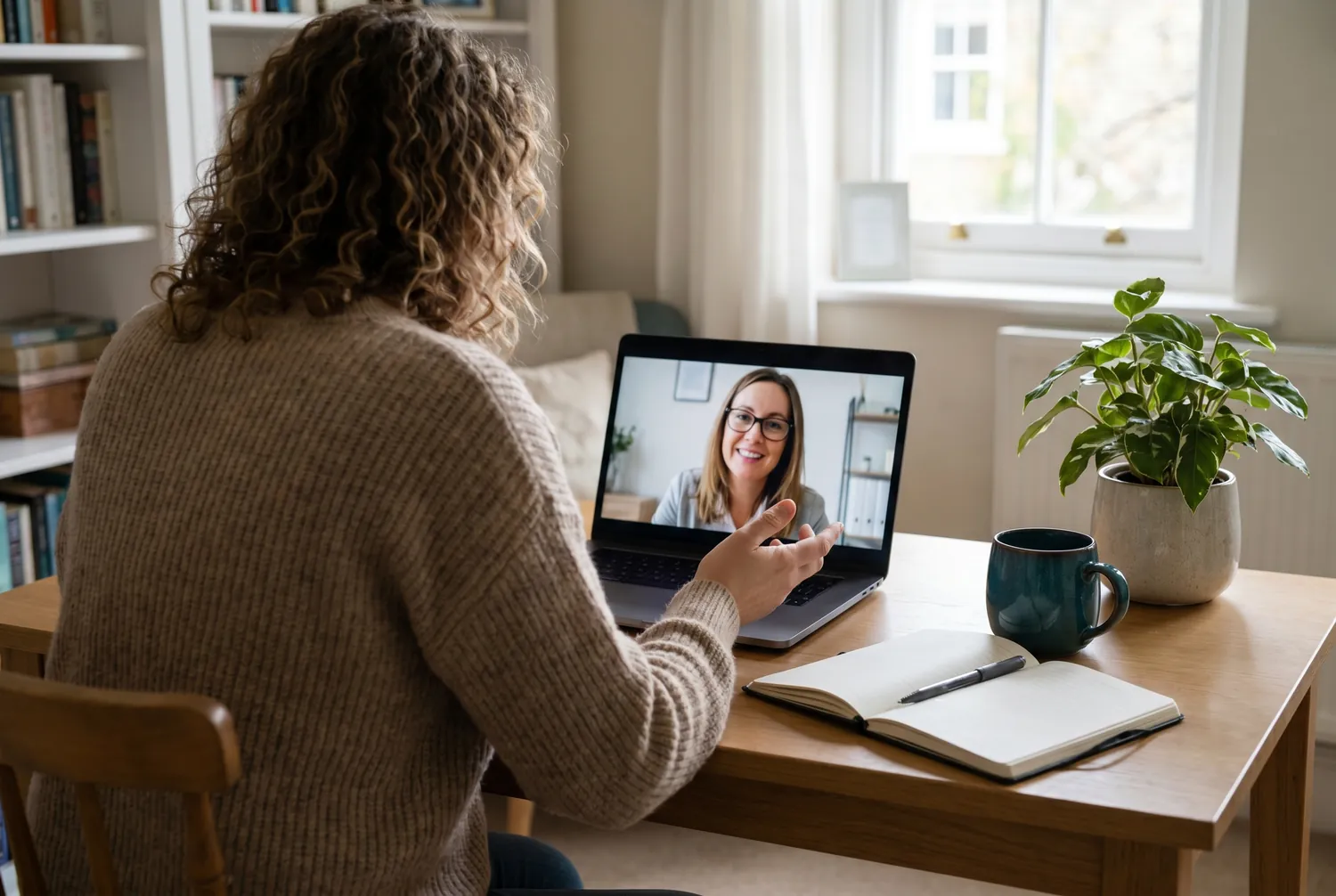 A woman at her home desk in a secure video appointment with a clinician on screen A woman at her home desk in a secure video appointment with a clinician on screen
