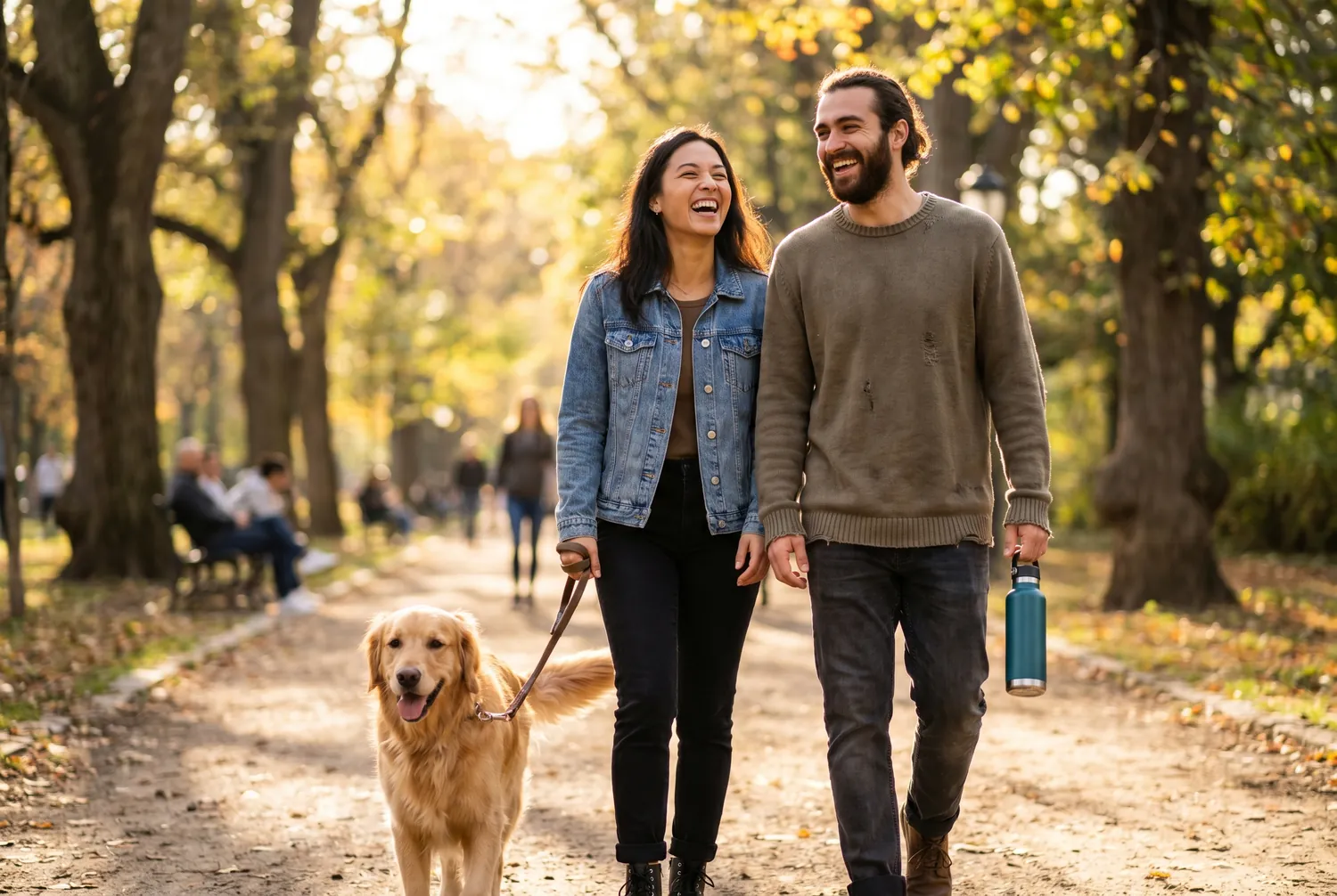 Two friends walking a dog along a tree-lined park path at golden hour, one carrying a deep teal water bottle Two friends walking a dog along a tree-lined park path at golden hour, one carrying a deep teal water bottle