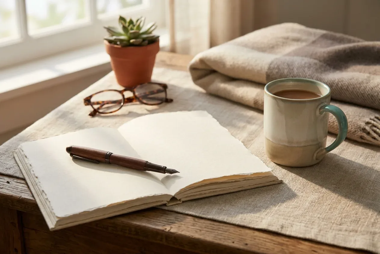 An open blank journal and pen on a cozy table in soft morning light, with a teal accent An open blank journal and pen on a cozy table in soft morning light, with a teal accent