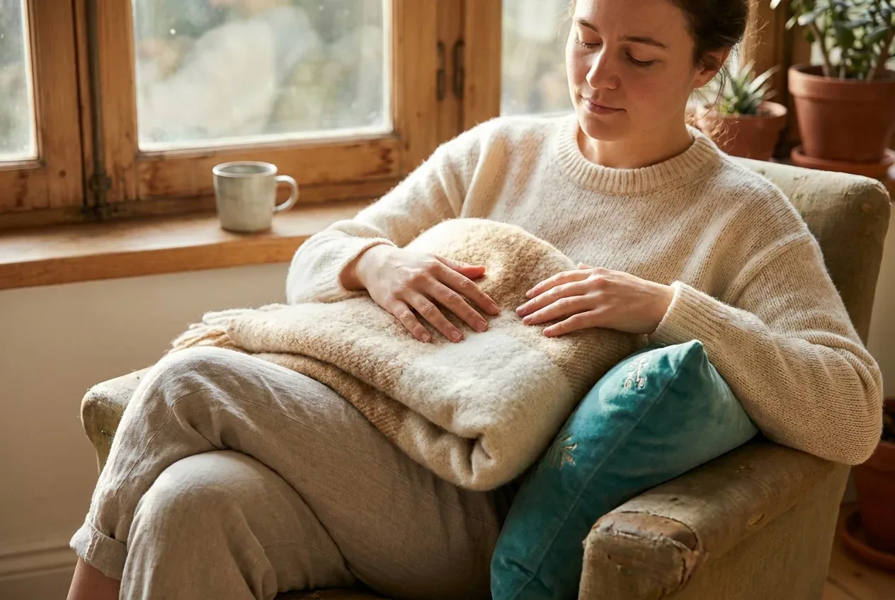 A calm person resting their hands on a soft blanket by a window, grounded and present A calm person resting their hands on a soft blanket by a window, grounded and present
