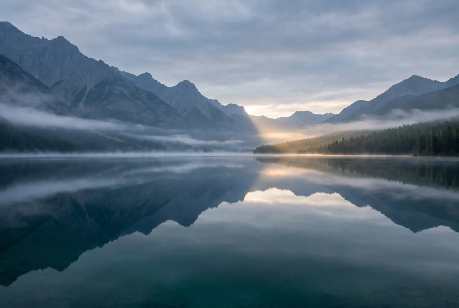 Mirror-calm mountain lake at dawn concealing deep dark water beneath the surface, an environmental metaphor for hidden depression Mirror-calm mountain lake at dawn concealing deep dark water beneath the surface, an environmental metaphor for hidden depression
