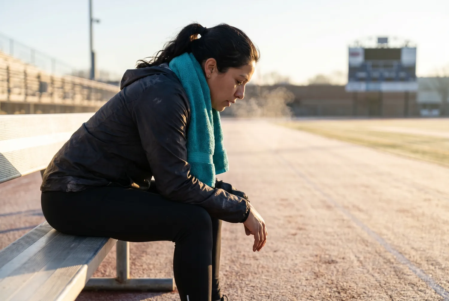 Runner sitting alone on a stadium bench at dawn with a single teal towel around her neck, looking down the empty track Runner sitting alone on a stadium bench at dawn with a single teal towel around her neck, looking down the empty track