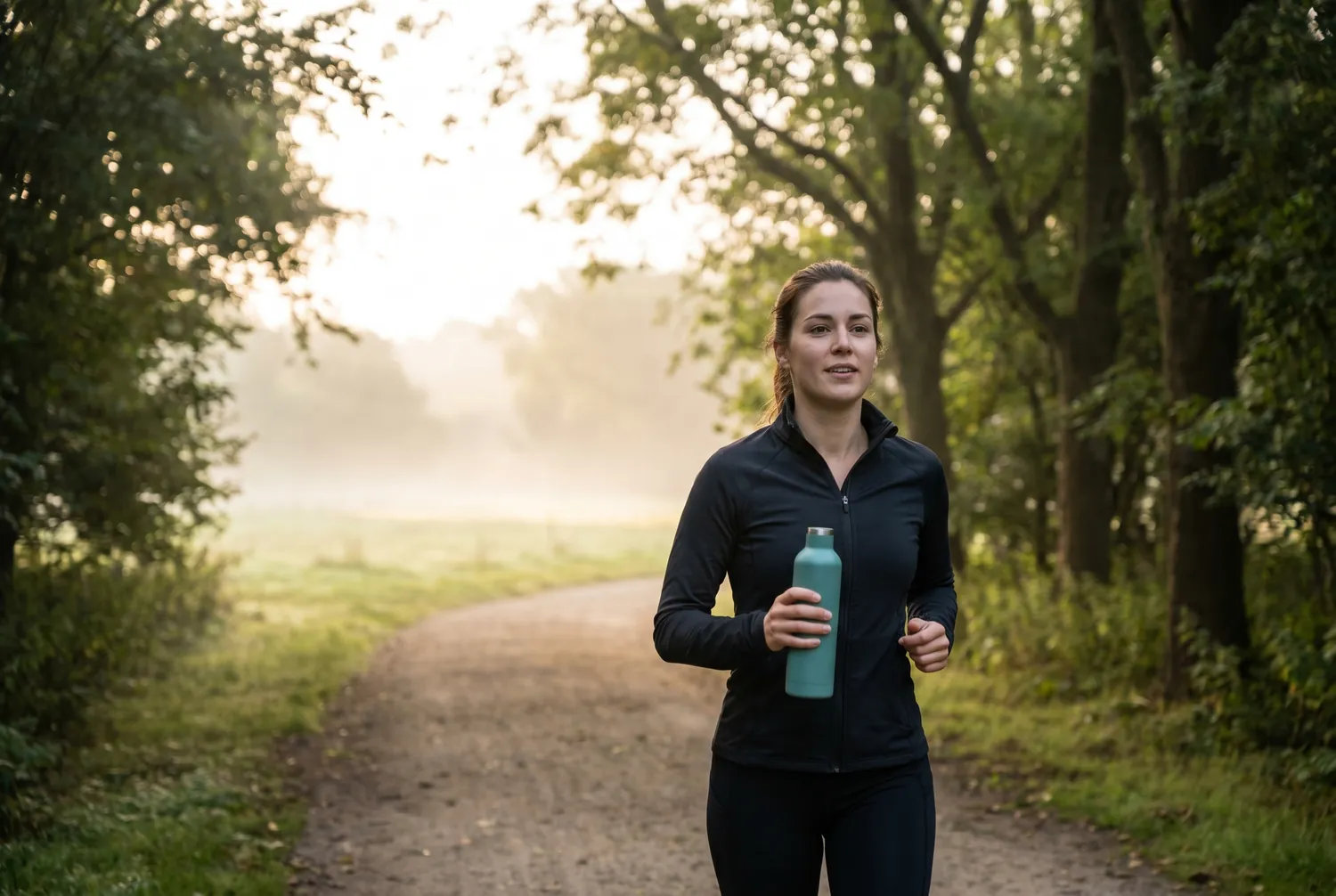 Woman jogging at sunrise with a teal water bottle as morning mist lifts from the path Woman jogging at sunrise with a teal water bottle as morning mist lifts from the path