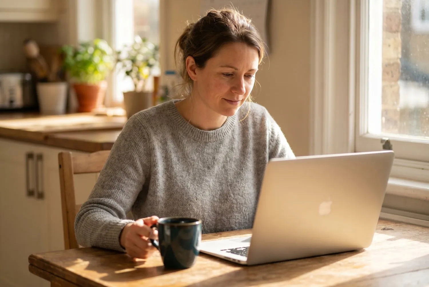 Completing a shrinkMD intake form on a laptop at a sunny kitchen table Completing a shrinkMD intake form on a laptop at a sunny kitchen table