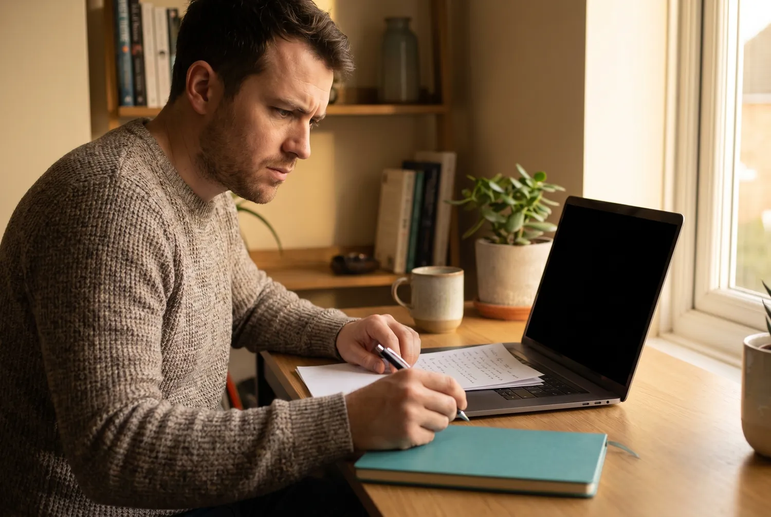 Man at a desk researching psychiatrists on a laptop with a teal notebook Man at a desk researching psychiatrists on a laptop with a teal notebook