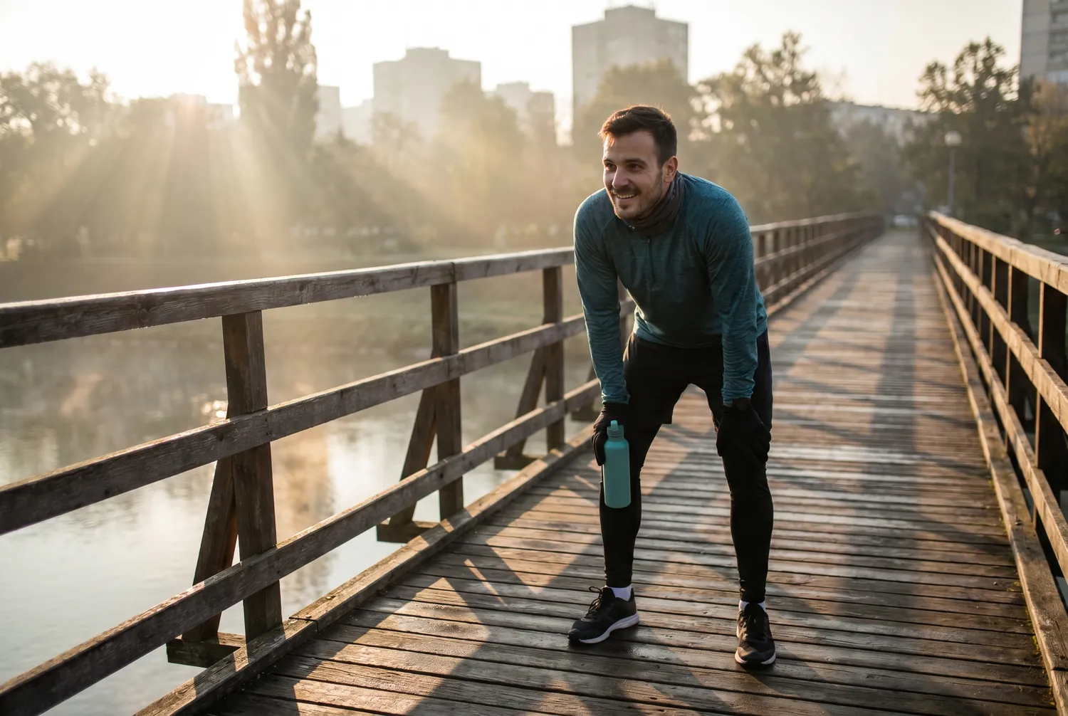 Runner pausing on a quiet bridge at sunrise holding a teal water bottle Runner pausing on a quiet bridge at sunrise holding a teal water bottle