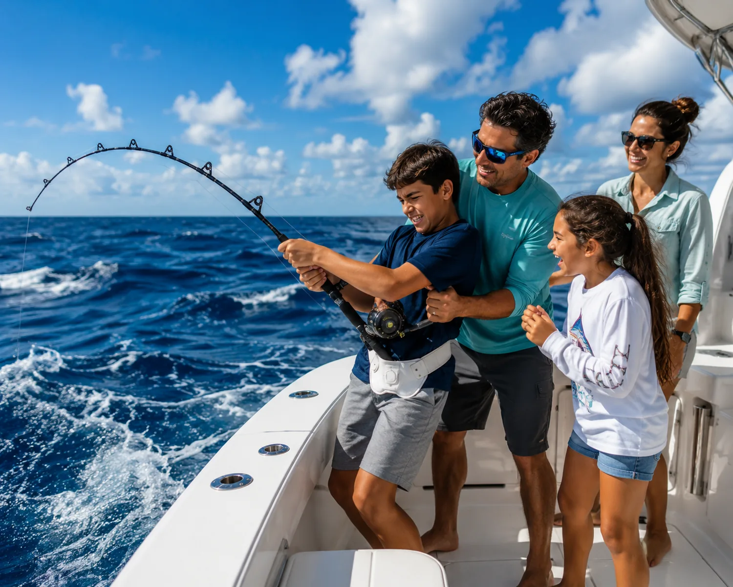A father helps his son reel in a big catch on a family fishing trip while the whole family cheers A father helps his son reel in a big catch on a family fishing trip while the whole family cheers