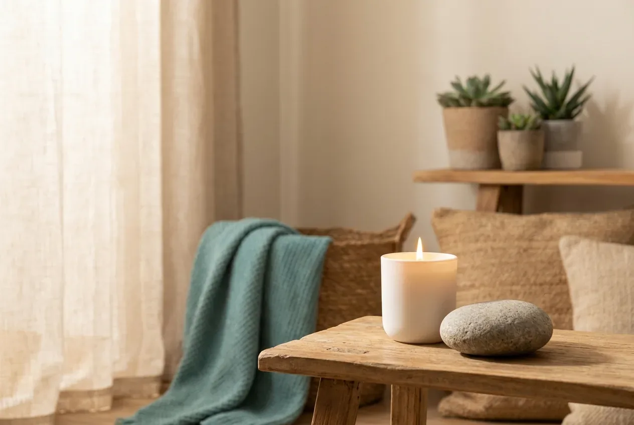 A tranquil meditation corner with a candle and a smooth stone, very calm, teal accent A tranquil meditation corner with a candle and a smooth stone, very calm, teal accent