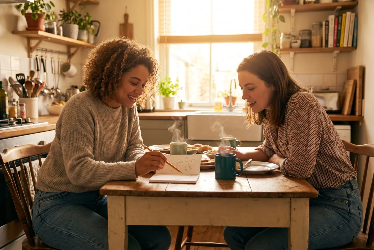 Two friends at a kitchen table, one sketching a simple diagram to explain an idea in plain language Two friends at a kitchen table, one sketching a simple diagram to explain an idea in plain language
