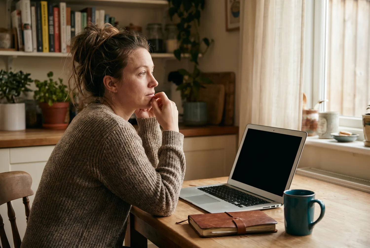 Woman pausing in thought at a kitchen table with a laptop and journal, weighing whether to seek mental health care Woman pausing in thought at a kitchen table with a laptop and journal, weighing whether to seek mental health care