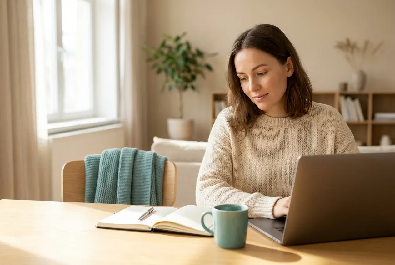 A calm adult at home thoughtfully weighing their mental health care options A calm adult at home thoughtfully weighing their mental health care options