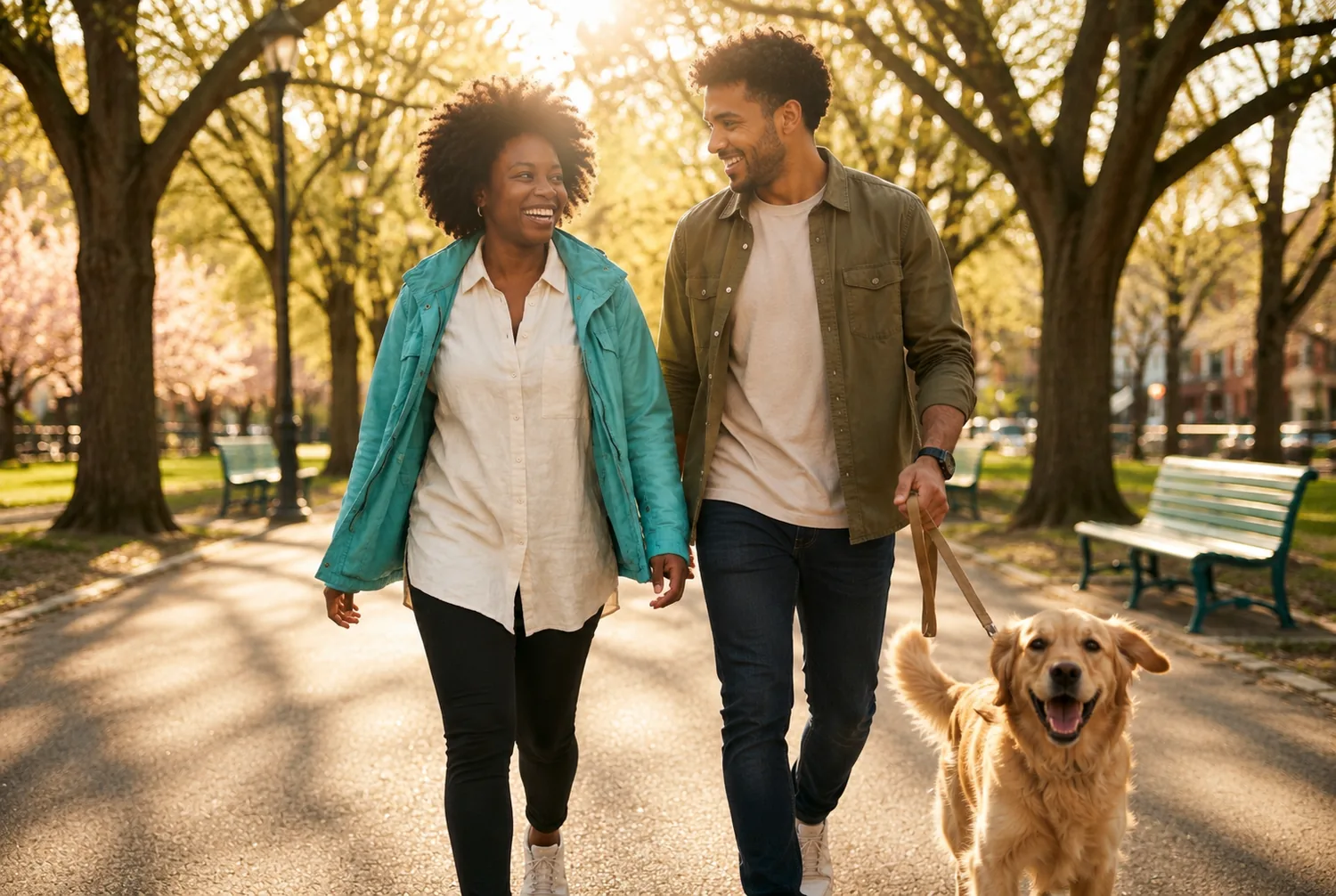 A smiling couple walks their golden retriever through a sunlit park, back to enjoying everyday life A smiling couple walks their golden retriever through a sunlit park, back to enjoying everyday life