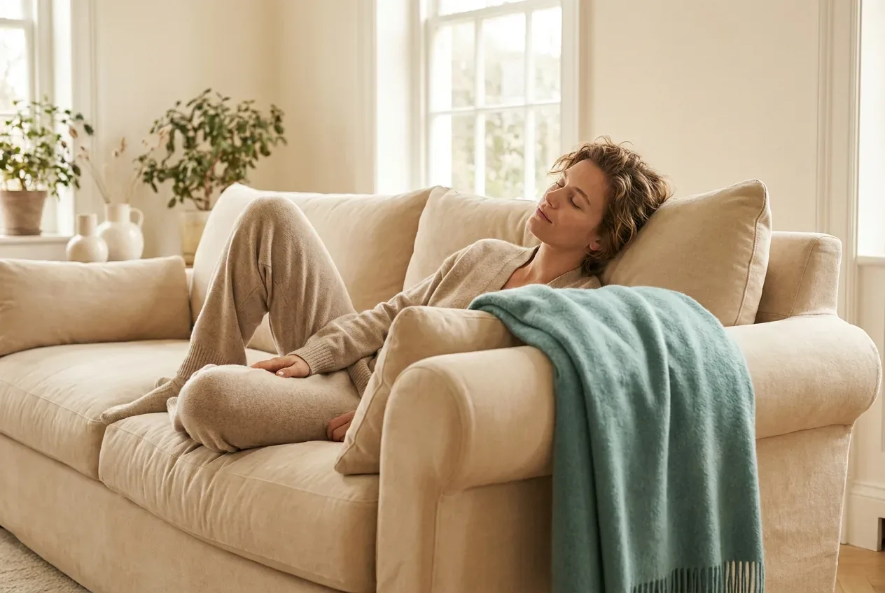 A person relaxing peacefully on a couch with a teal throw blanket, fully at ease A person relaxing peacefully on a couch with a teal throw blanket, fully at ease
