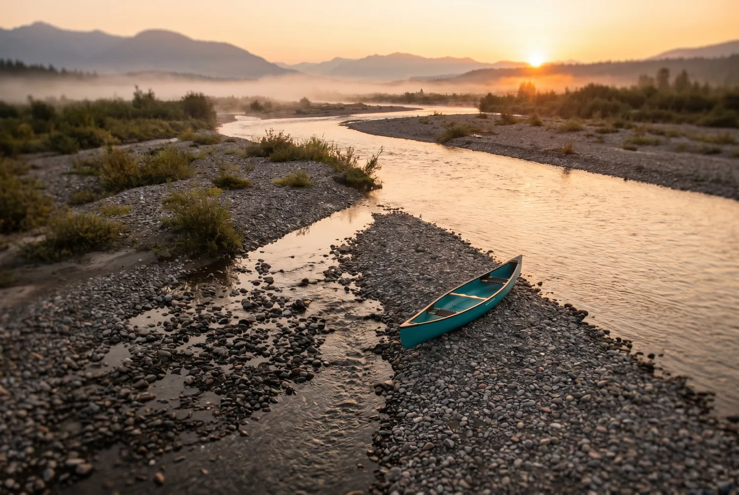 Braided river carving a new channel beside an established one, with a single teal canoe resting on the gravel bar between them Braided river carving a new channel beside an established one, with a single teal canoe resting on the gravel bar between them