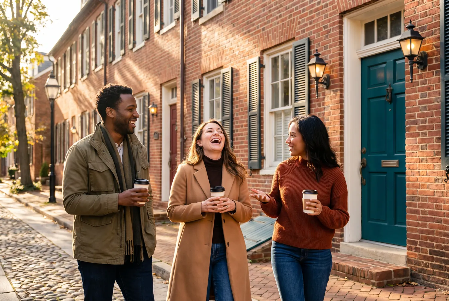 Friends with coffee on a cobblestone Old Town Alexandria street Friends with coffee on a cobblestone Old Town Alexandria street