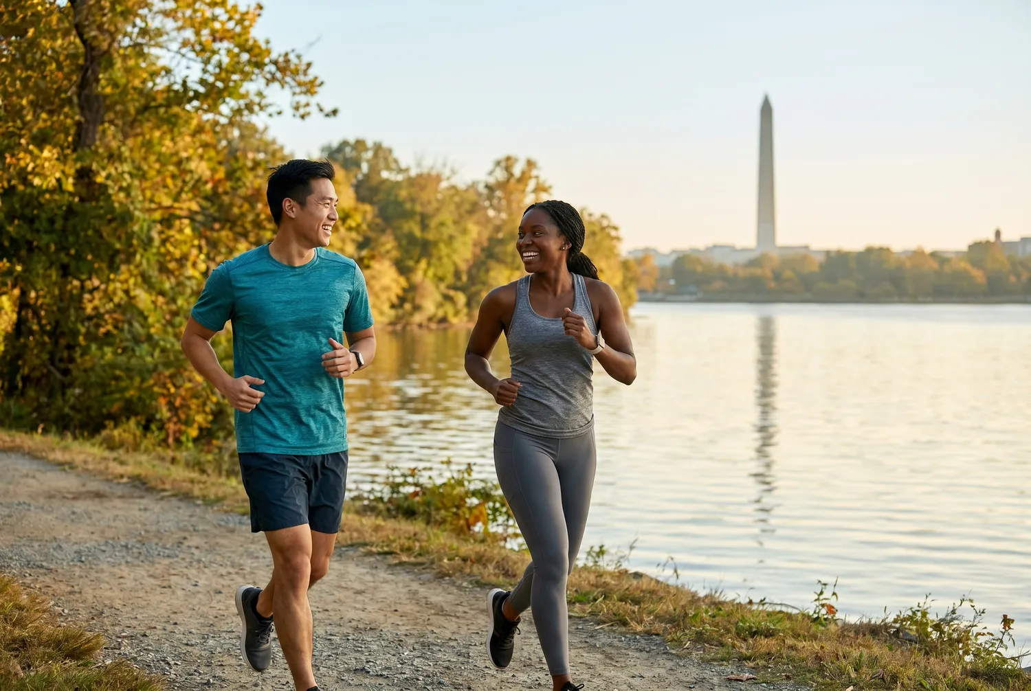 Running the Mount Vernon Trail in Arlington with the Washington Monument across the Potomac Running the Mount Vernon Trail in Arlington with the Washington Monument across the Potomac