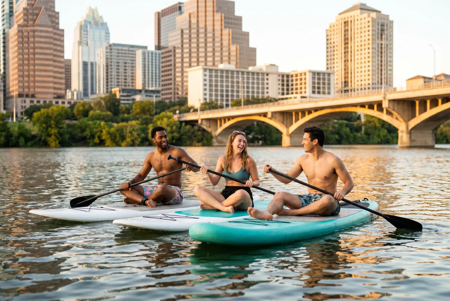 Paddleboarders on Lady Bird Lake with the Austin skyline Paddleboarders on Lady Bird Lake with the Austin skyline