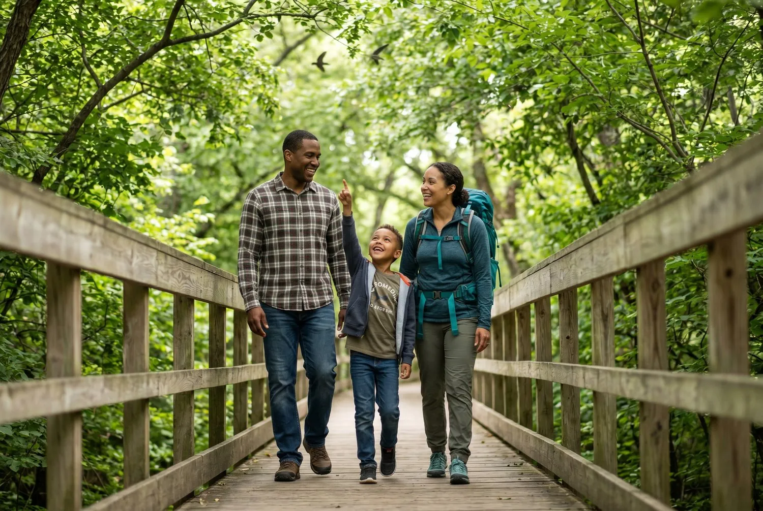Family hiking the Fontenelle Forest boardwalk in Bellevue, Nebraska Family hiking the Fontenelle Forest boardwalk in Bellevue, Nebraska