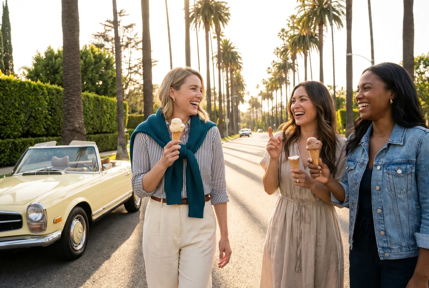 Friends strolling a palm-lined Beverly Hills street at golden hour Friends strolling a palm-lined Beverly Hills street at golden hour