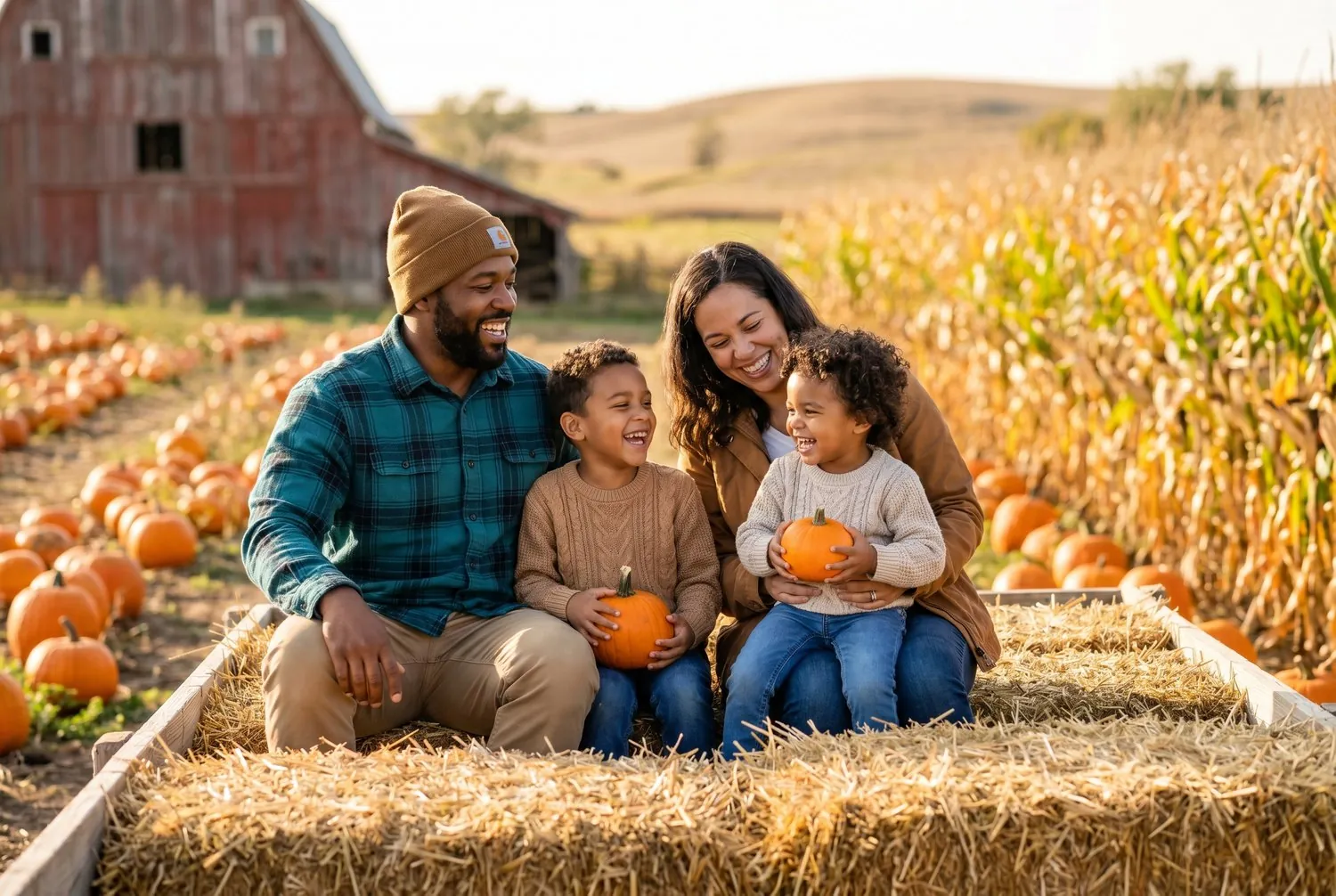Family hayride at an autumn pumpkin patch in Gretna, Nebraska Family hayride at an autumn pumpkin patch in Gretna, Nebraska