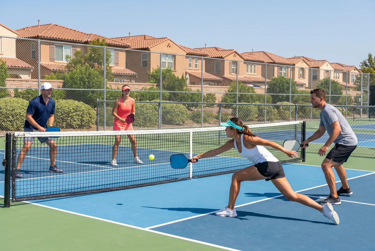 Doubles pickleball at a sunny Irvine community court Doubles pickleball at a sunny Irvine community court