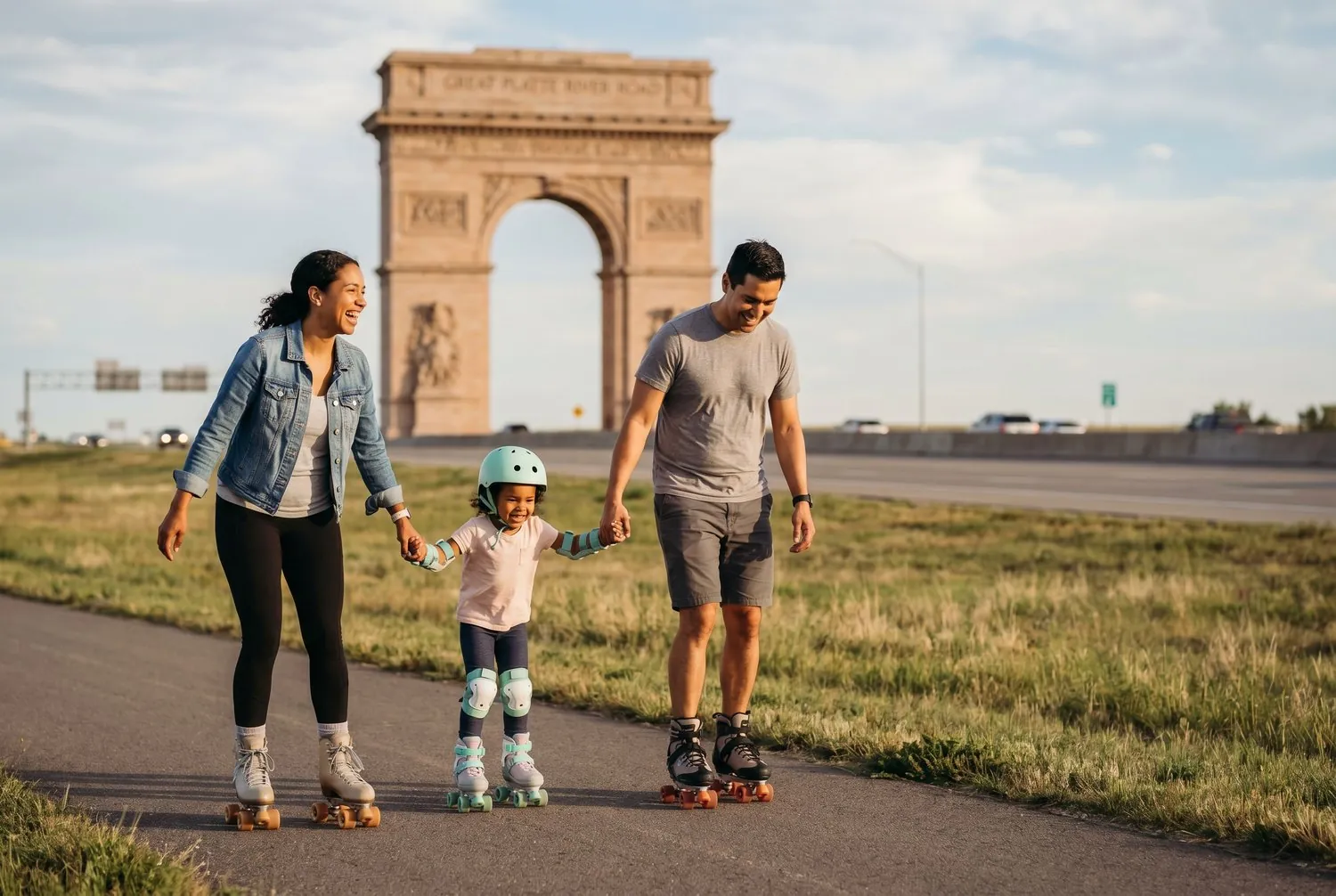 Family roller skating near the Great Platte River Road Archway in Kearney, Nebraska Family roller skating near the Great Platte River Road Archway in Kearney, Nebraska