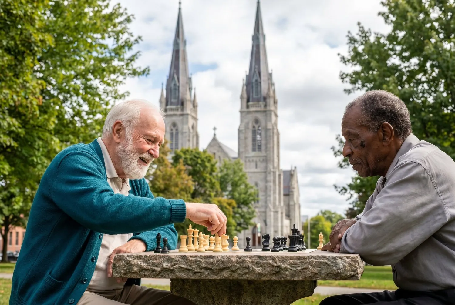 Two friends playing chess near the Basilica of Saints Peter and Paul in Lewiston, Maine Two friends playing chess near the Basilica of Saints Peter and Paul in Lewiston, Maine